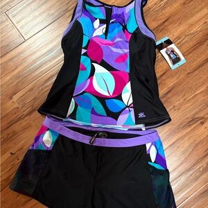 ZeroXposur Multicolor Geometric Tank and Black Shorts Swim Set